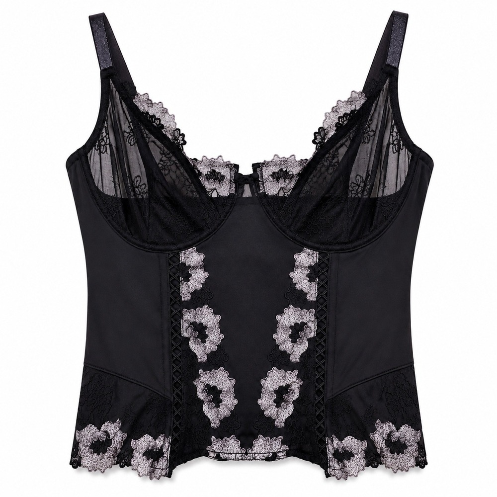 Pour Moi Provence Basque Corset Black Floral Lace Bustier Whimsy Goth 38DD - Picture 2 of 7